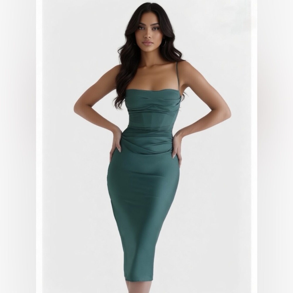 House of CB Teia Satin & Georgette Corset Midi Dress - Forest Green XS A/C NWT